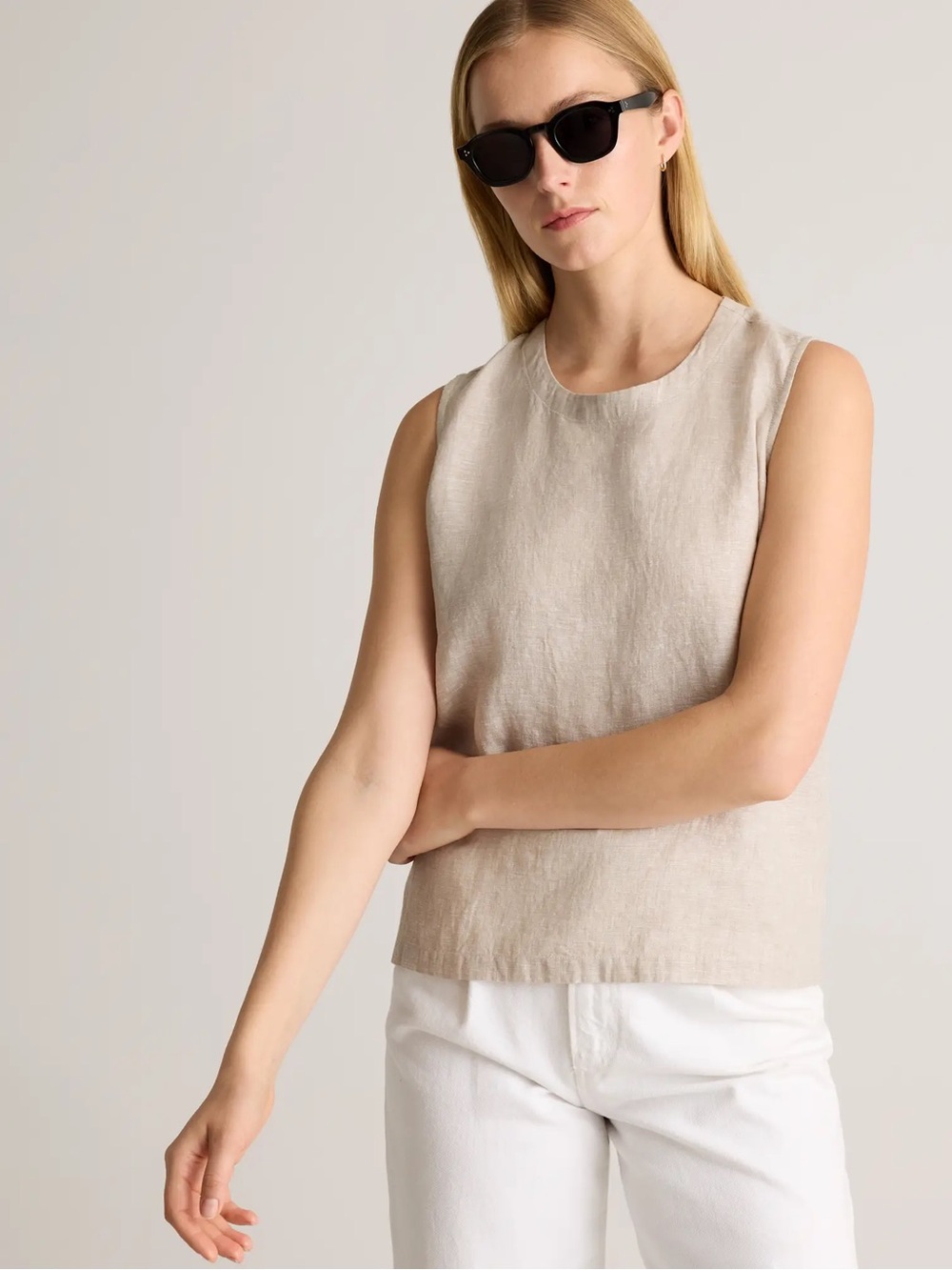 Quince Sleeveless Linen Tank Top in Beige -Taupe flax